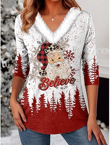  Julekvinne Santa Claus Snøfnugg Bluse Grafisk Vintage Tropisk Stilig Lange Ermer V Neck Vanlige Topper Daglig Lappe Trykk Svart Hvit Vin Høst Vinter