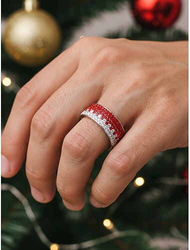  メンズクリスマスステンレススチールリング - スタイリッシュな赤、青、黒のラインストーンバンド - 男性に最適なホリデーアクセサリー - お祝いのクリスマスジュエリーギフト