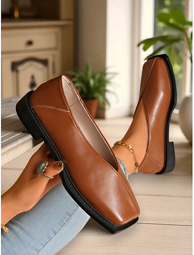  bruna damskor i konstläder - moderiktiga slip-on-loafers med fyrkantig tå för kontor och vardagskläder &daglig komfort