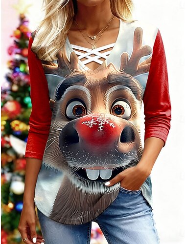  Χριστούγεννα Γυναικεία Μπλουζάκι Γραφική Τάρανδος Άσχημο Χριστούγεννα Βίντατζ χαριτωμένο στυλ Στυλάτο Μακρυμάνικο Λαιμόκοψη V Κανονικά μπλουζάκια Καθημερινά Στάμπα
