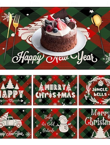  6 stk. røde julesnøfnugg &Juletre snømann varmebestandige bordbrikker, firkantede linbordbrikker til spisestue, kjøkken eller restaurantborddekorasjon, smussbestandig juleservise