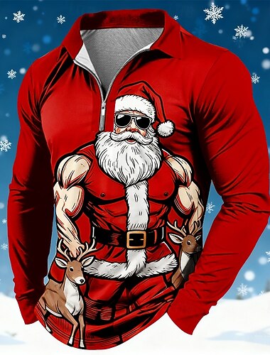  Vánoce Pánské Ježíšek Pólo Dlouhý rukáv Polo tričko Klopa Na běžné nošení Dovolená Denní nošení Festivalový outfit 3D tisk Polo na čtvrt zip Jaro Podzim Zima Červená 1 Červená 4 Červená 3