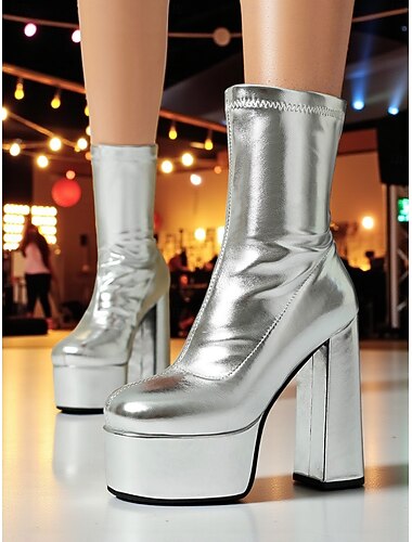  Женские ботильоны Go-Go на платформе серебристого цвета с металлическим покрытием и массивным каблуком, идеально подходящие для вечерних выходов, дискотек в стиле 80-х и модных мероприятий