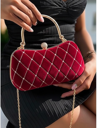  Dameveske i vattert fløyel med diamantdetaljer – elegant skulderveske til julebord, høytidssamlinger og spesielle anledninger