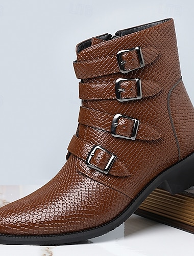  Коричневые мужские ботильоны из искусственной кожи с тройной пряжкой – модная и удобная обувь для повседневной носки осенью и зимой.