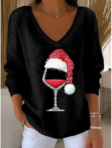  Kerstmis Vrouwen Kerstman Hoed Trui Pullover Mode Streetwear Casual Grafisch Wijnglas V-Hals Overized Gebreid Lange Mouwen Standaard Tops Brei Buiten Dagelijks Zwart Lente Herfst