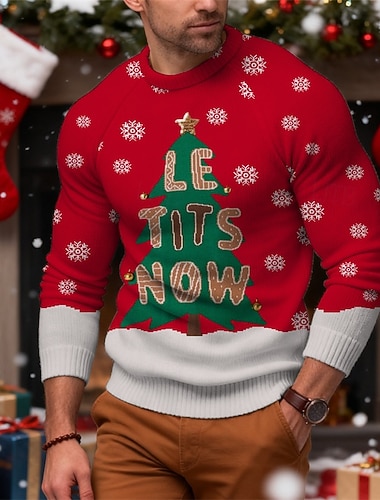  Noël Homme Arbre de Noël Motif de flocon de neige Pull de Noël moche Pull Pull en tricot Haut fantaisie festif Col Rond Occasionnel Extérieur Soirée Quotidien Imprimé manche longue Automne Hiver Rouge