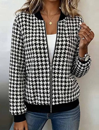  Γυναικεία Φούτερ με φερμουάρ Καρό Καθημερινό Μακρυμάνικο Στρογγυλή Λαιμόκοψη Κανονικά μπλουζάκια Δρόμος Εξόδου Φερμουάρ Μαύρο Φθινόπωρο Χειμώνας