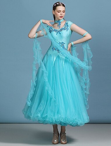  Vestido de baile de salón para mujer, elegante vestido de competición de tango, foxtrot, con apliques florales en azul agua, capas de organza y diamantes de imitación.