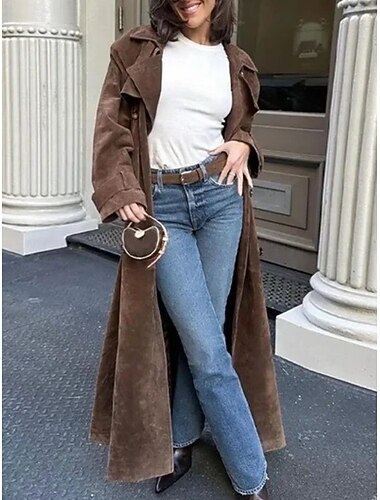  Dámské Trenčkot Pohodlné Prodyšné Kapsy Knoflíky Na běžné nošení Bez vzoru Dovolená ulice Ležérní Denní nošení Jednořadé Maxi Přehnutý Běžný Dlouhý rukáv Svrchní oděvy Hnědá Jaro Podzim