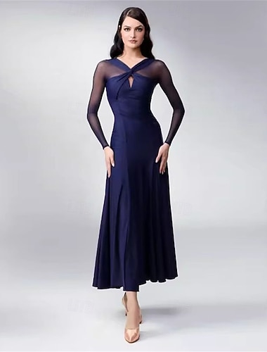  Damekjole med ballroom-dans, marineblå, elegant, langermet, netting, krysshals, vals, foxtrot, tango, konkurranseopptredenskjole