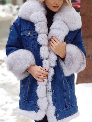  Women's Winter Coat Sherpa Jacket Denim Jacket Windproof Warm Pocket Buttons Fur Collar Fashion Modern Casual Solid Color Outdoor Street Casual Daily Long Turndown Regular Fit Long Sleeve Outerwear