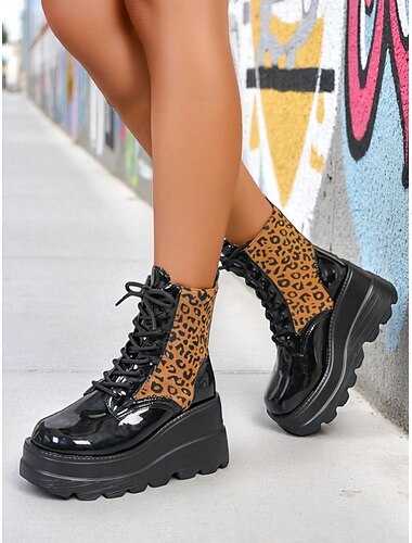  Dámské černé lakované kotníkové boty na platformě s leopardím potiskem, robustní šněrovací boty v bojovém stylu pro streetwear &večer venku