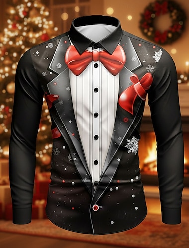  Noël Homme Costume de Noël Conception de faux col et de costume Costume cravate chemise de smoking imprimée Chemise Chemise Boutonnée manche longue Drôle Extérieur Fête Printemps Automne Col Rabattu