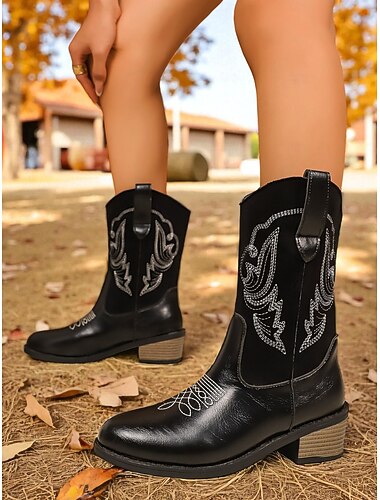  女性用ブラックウエスタンカウボーイブーツ - 乗馬、カントリースタイル、カジュアルウェアに最適なクラシックな刺繍入りミドルカーフレザーブーツ
