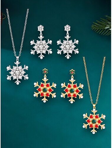  Sett med snøfnuggkjede og øredobber for kvinner, gull &sølv julesmykkesett til høytidsfester, vintergaver &festlige antrekk