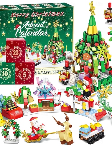 Juleadventskalender byggeklosser for barn julegave nedtelling, juletrebyggesett 2025 med varme lys, 24 dagers nedtellingskalender, 24-i-1 kreativt klossersett for barn &voksne