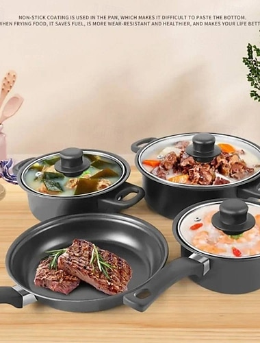  Sett med gryter og panner med slippbelegg, 13-delers kjøkkensett med slippbelegg, svart sett med tretten gryter, suppegryte med slippbelegg, melkegryte, stekepanne, sett med flere gryter