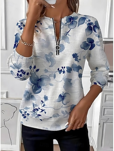  Damen Pullover Sweatshirt Reißverschluss Druck Blumen Grafik Mode Lässig Langarm Rundhals Normale Oberteile Straße Alltagskleidung Blau Purpur Herbst Winter