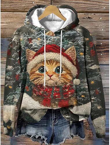  Χριστουγεννιάτικο γυναικείο φούτερ με κουκούλα γραφικό γάτα ζεστό vintage μόδα μακρυμάνικο με κουκούλα κανονικές μπλούζες δρόμος καθημερινή ένδυση casual patchwork print κρασί κόκκινο πράσινο