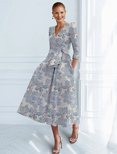  A-lijn Tot de enkel Cocktailjurken Feestjurken Elegant Vintage Korte mouw V-hals Bruiloft Formeel Jacquard met Strik(ken) Zak