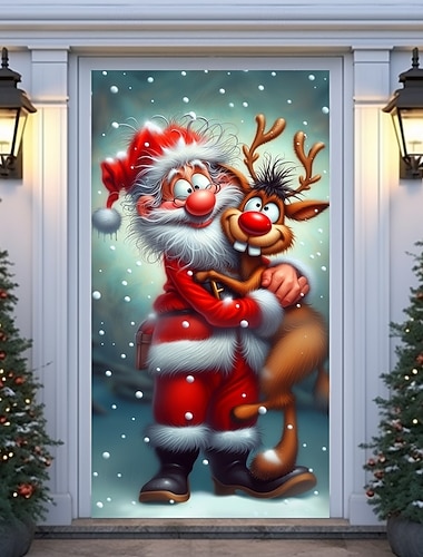  クリスマスドアカバー、冬のホリデーデコレーション、サンタクロース、トナカイ、クリスマスギフトボックスがプリントされたドレープ、ご自宅の玄関、リビングルーム、寝室、屋内、屋外、お祭り、季節の装飾用