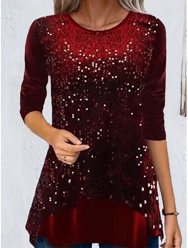 Natal Mulheres Blusa Côr Sólida Elegante à moda Básico Manga Longa Gola Redonda Tops regulares Diário Paetês Patchwork Vermelho Verde Cinzento Primavera Outono Inverno