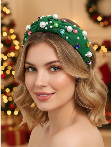  grünes Weihnachtsstirnband für Damen mit Perlen &mehrfarbige Strasssteine, elegantes gepolstertes Haar-Accessoire für Feiertagspartys, Geschenke &Winteroutfits
