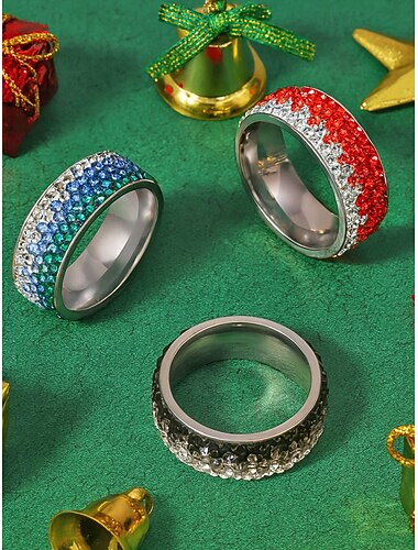  Weihnachtsring aus Edelstahl für Herren – stilvolles Band mit roten, blauen und schwarzen Strasssteinen – perfektes Weihnachtsaccessoire für Männer – festliches Weihnachtsschmuckgeschenk