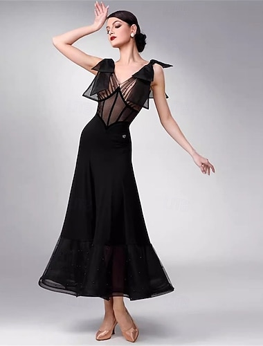  שמלת ריקודים סלוניים לנשים שחורה עם רשת שקופה, כתף קפלים, שמלת הופעה לתחרות ואלס פוקסטרוט אלגנטית