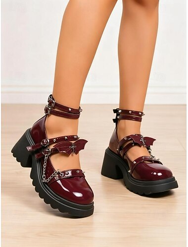  Γυναικεία γοτθικά παπούτσια πλατφόρμας Mary Jane - καφέ λουστρίνι με χοντρά τακούνια, αλυσίδες και λουράκια για Halloween, cosplay και punk rock εμφανίσεις.