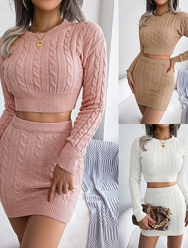  בגדי ריקוד נשים פעיל סגנון רחוב ערכות חצאיות בולרו טופ שרוול ארוך צווארון עגול קצר צבע אחיד בָּחוּץ חופשה יומי לבן ורוד מסמיק חאקי סתיו רגיל