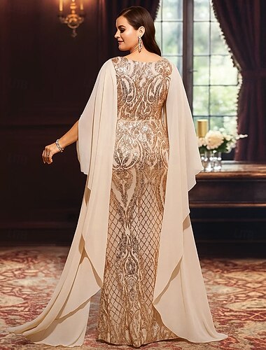  Åtsmitande Golvlång Formell klädsel Aftonklänning Klänning med overkjol Halvlång ärm V-hals Elegant Vintage Lyxig Formell Paljetter Polyester Klänning till brudens mor med Paljett Färgblock