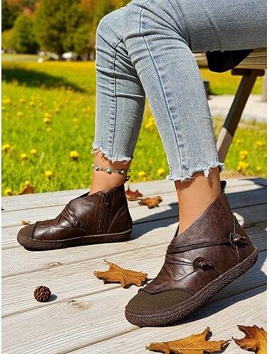  מגפוני עור דמוי עור וינטג' בצבע קפה לנשים עם רוכסן צד - מגפוני קרסול נוחים ללבישה יומיומית, טיולים בחוץ ותלבושות יומיומיות