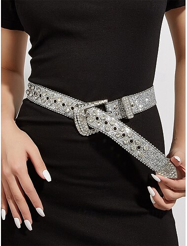  női karácsonyi csillámos öv – műbőr kristályszegecsekkel és ezüst csattal, ünnepi piros dizájn, tökéletes ünnepi öltözékhez