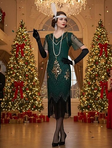  Set The Great Gatsby Flapper Girl Flapper jurk Kerst jurk Cocktailjurk met accessoires Dames Roaring jaren '20 Jaren 1920 Kwastjesfranje Pailletten Patroon Feestkleding Volwassenen Kerstmis Nieuwjaar