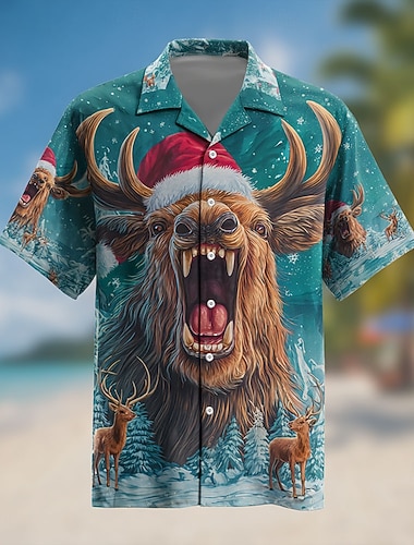  Christmas Miesten Eläin Poro hauska joulu Paita Kuubalainen paita Lyhythihainen Hauska Pyhäpäivä Katuvaatteet Kevät Syksy Pystykaulus 3D-tulostus Napitettavat paidat Vaalean sininen Sininen Apila