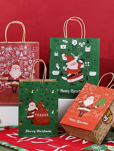  12 Weihnachts-Geschenktüten aus Kraftpapier, 26,9 x 21,9 x 11,0 cm, für Weihnachtsgeschenke, Partygeschenke, Papiertüten, verschiedene Weihnachtstüten, Leckerli-Tüten