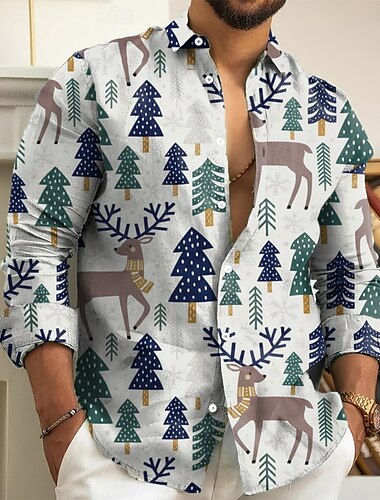  Men's Tree Reindeer Plants Shirt Button Up Shirt Long Sleeve Vintage Retro Holiday Casual Daily Spring Fall Turndown 3D Print Collared Shirts Pink Blue Light Grey