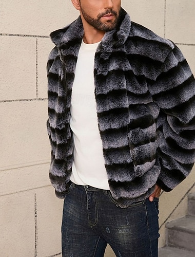  Муж. Зимняя куртка Искусственное меховое пальто Отпуск Повседневные Сохраняет тепло Флис Осень Зима В полоску Мода Уличный стиль Воротник-стойка Обычная Темно-серый Жакеты