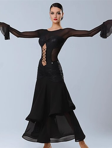  Dames ballroom dansjurk zwart mesh lange mouwen vetersluiting voorkant chiffon klokmouwen sexy tango rumba paso doble performance jurk