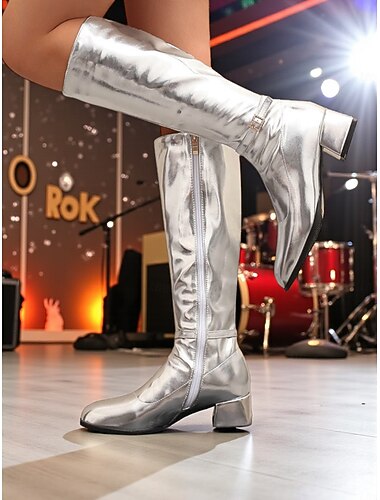  Женские блестящие серебристые сапоги до колена с боковой молнией и блочным каблуком, в стиле ретро-диско 70-х &танцевальные ботинки