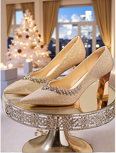  حذاء نسائي بكعب مدبب ذهبي لامع مع حواف من أحجار الراين، حذاء أنيق بكعب متوسط للمناسبات الرسمية وحفلات الكوكتيل &فعاليات المساء
