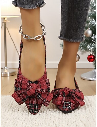  Rode geruite flats voor dames met grote strik, vintage casual balletschoenen voor Kerstmis en feestjes &dagelijkse outfits