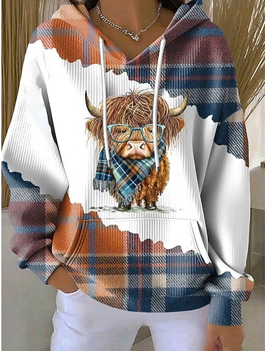 Damen Kapuzenpullover Druck Fronttasche Grafik Karomuster Kuh Punk Aktiv Vintage Langarm Mit Kapuze Normale Oberteile Lässig Straße Alltagskleidung Orange Frühling Herbst Winter