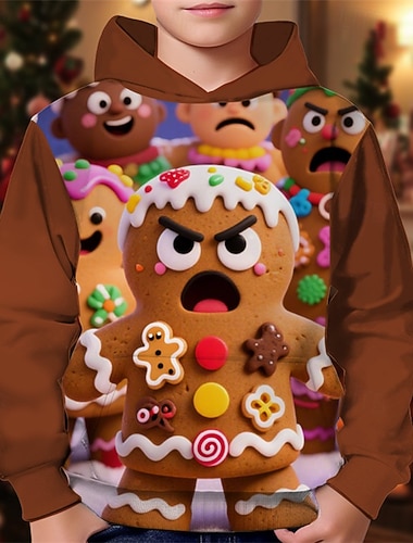  クリスマス 男の子 3D グラフィック ジンジャークッキー パーカー 長袖 春 秋 ファッション ストリートファッション 子供 4〜12年 フード付き アウトドア カジュアル 日常 レギュラー