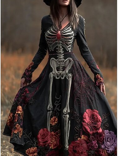  Női Maxiruha A vonalú ruha Fit and Flare ruha Boho Randi Normál Virágos Grafika Hosszú ujj V-alakú Fekete Tavasz Ősz Tél