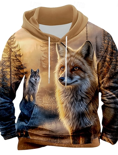  Per uomo Volpe Stampa 3D Felpa con Cappuccio Felpa Moda Classico Manica Lunga Girocollo All'aperto Caccia Blu azzurro cielo Marrone Blu scuro Grigio scuro Coulisse Autunno Inverno progettista S M L