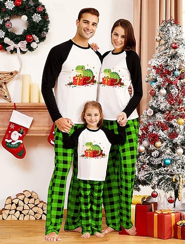  Familie Weihnachten Weihnachtspyjama für die Familie Schlafanzug Familiensets Karomuster Dinosaurier Weihnachtsbaum Heim Druck Dunkelgrün Hellgrün Armeegrün Langarm Täglich Passende Outfits