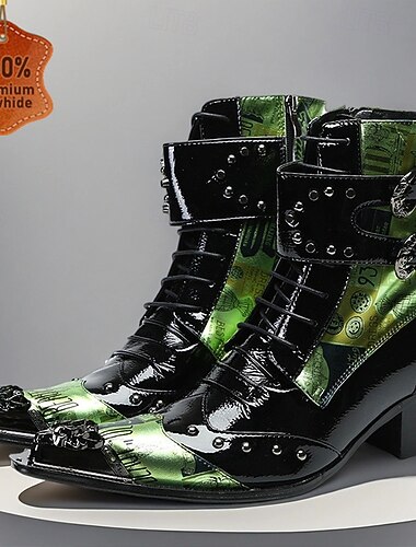  Botas masculinas de couro legítimo verde estilo western com estampa de crocodilo e tira de fivela, botas de cowboy 100% couro bovino para palco, festas e apresentações de moda